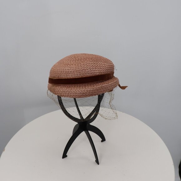 Vintage Golden Brown Pillbox Woven Hat with Birdcage - Picture 1 of 8